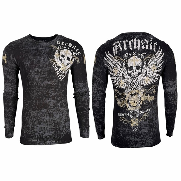 Archaic By Affliction Men's Thermal Shirt Men's Black Graphic Long Sleeve Shirt - Picture 2 of 11
